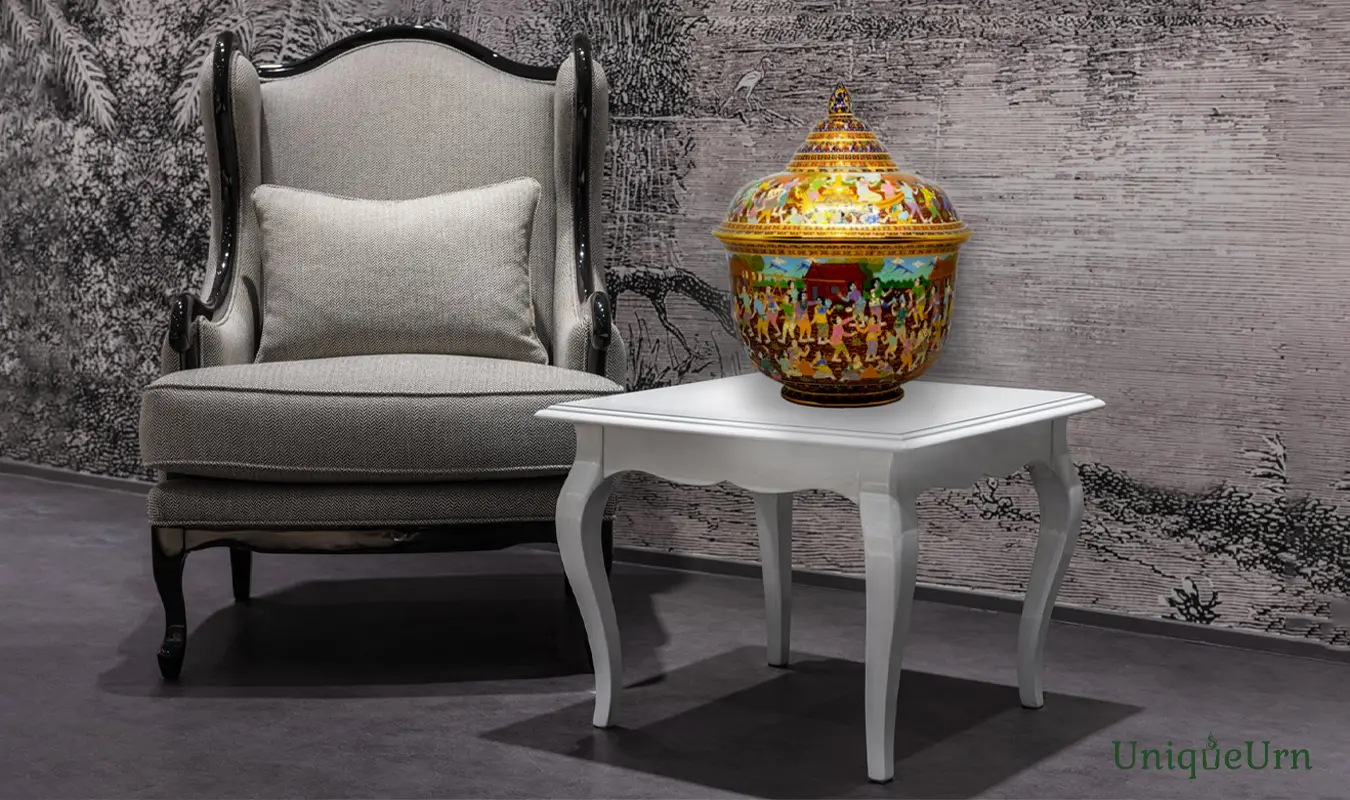 The handmade Bencharong Thoplue companion urn by UniqueUrn sits on the white table, sitting beside the sofa of a deceased loved one.