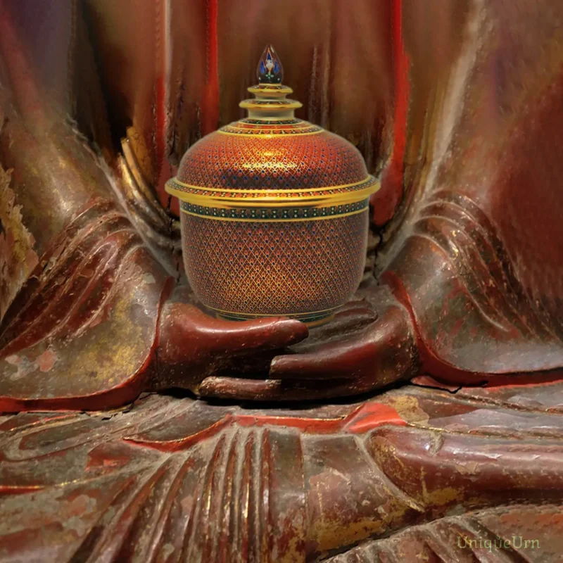 The Miracle of Being Awake: Transforming Loss into Peace, as the wooden Buddha image holds the memorial art of a hand-painted Thai Benjarong art Thochan urn for ashes from UniqueUrn.
