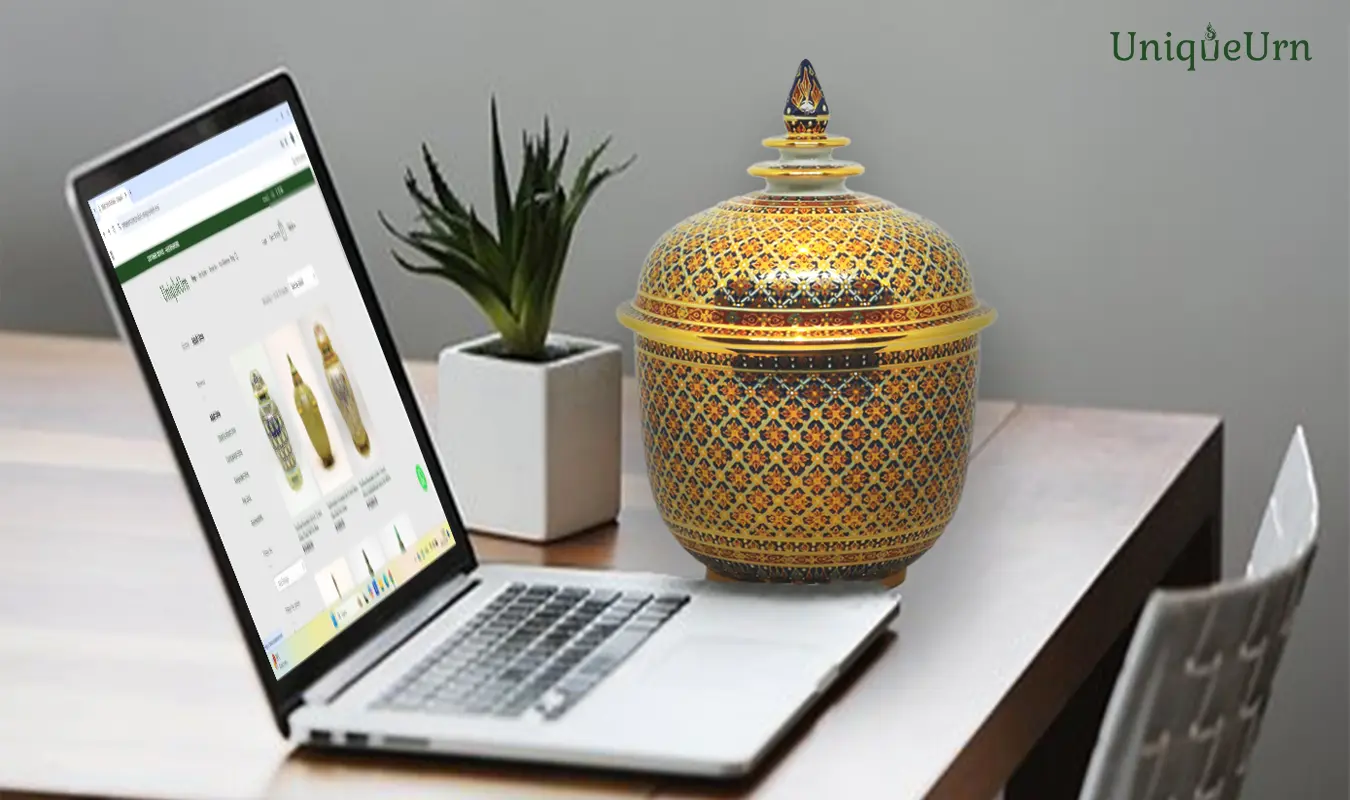 Bonding and maintaining continuous connectivity with a digital online and hand-painted Thai Bencharong art urn for ashes from UniqueUrn.