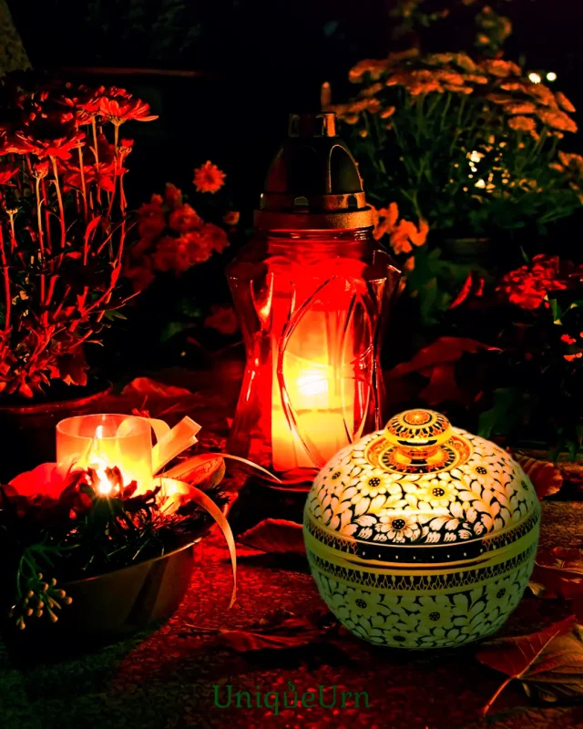 A hand-painted Benjarong keepsake urn sits beside a red light lamp and flowers as a memorial area for the remembrance of family members.