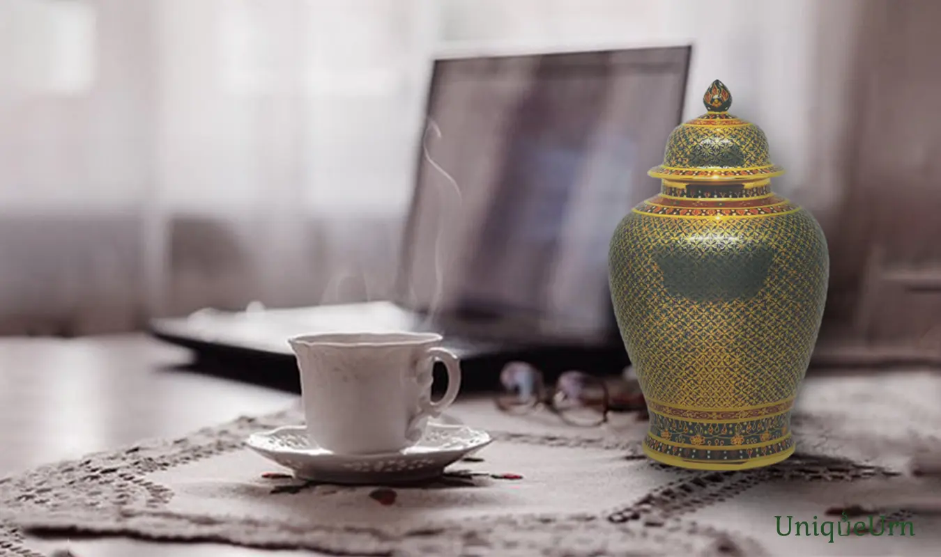 The Miracle of Being Awake: Transforming Loss into Peace, as a cup of tea and the healing art of a hand-painted Thai Bencharong urn of Thoplue ginger jar for ashes by UniqueUrn.