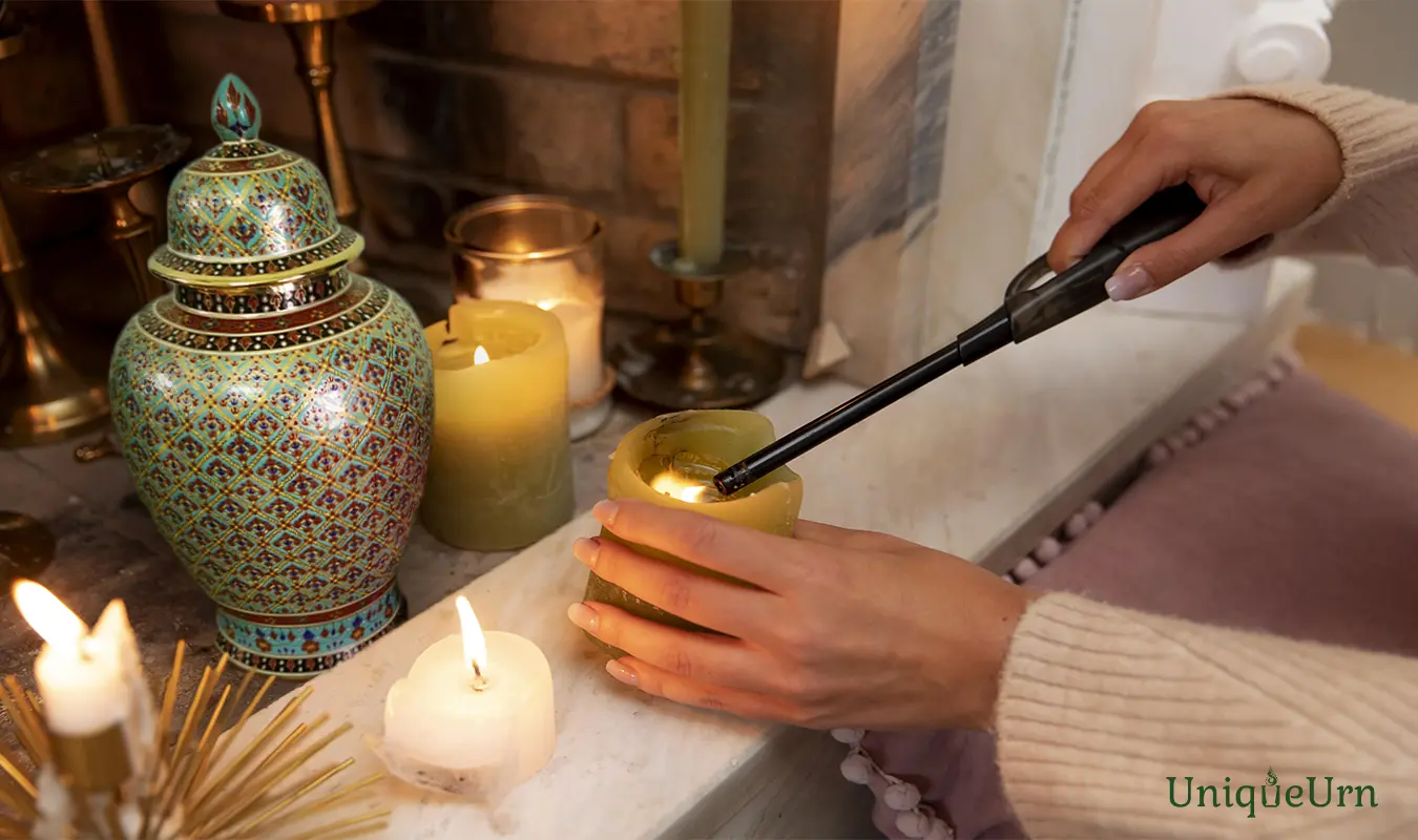 jar urn for ashes by UniqueUrn in the home's sacred sanctuary section.