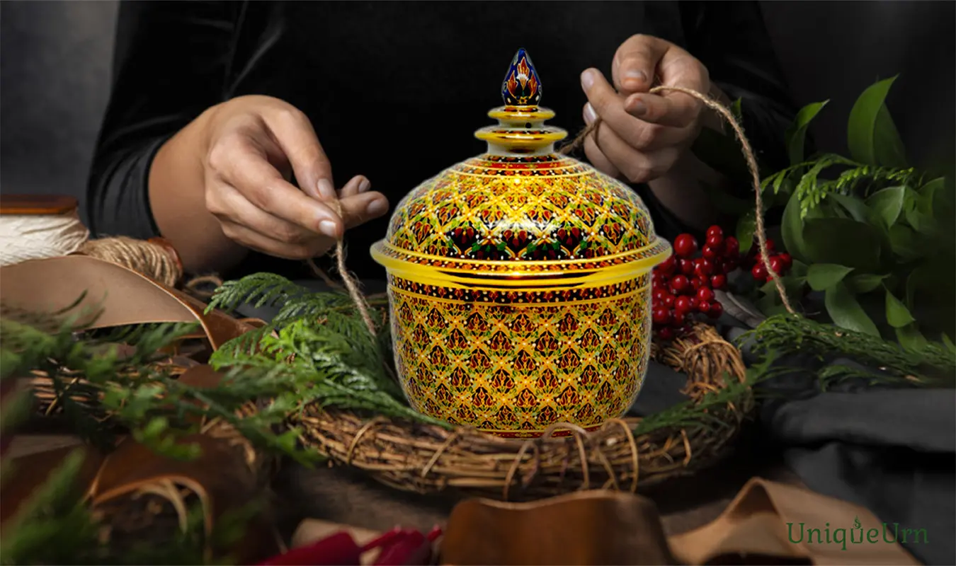 A reflection of the leader of the central pillar, softly embracing the family members. There are activities to decorate around the Benjarong Ash Jar, which is adorned with genuine gold. It conveys strength and hope.