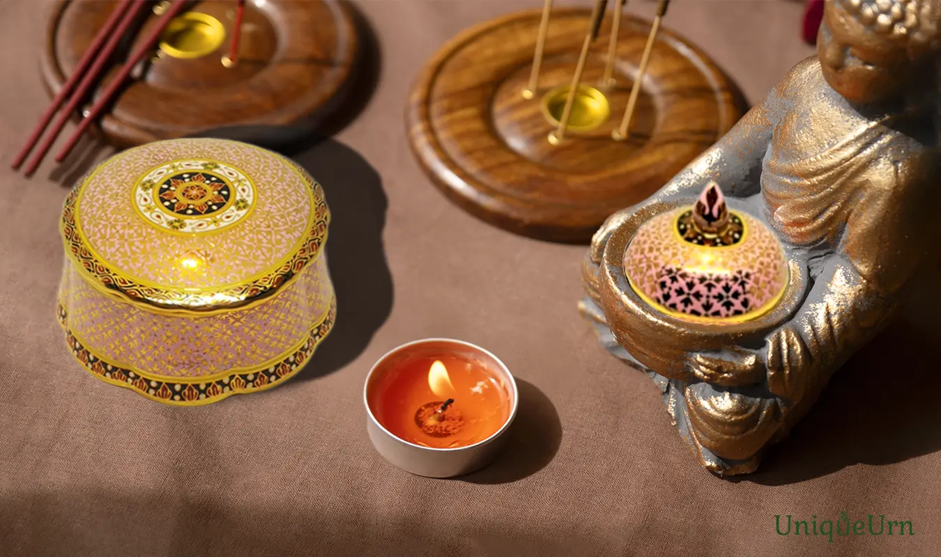 The Miracle of Being Awake: Transforming Loss into Peace through mindfulness and meditation, with the art of hand-painted Thai Bencharong round box and Tholukjan keepsake urns for ashes from UniqueUrn.