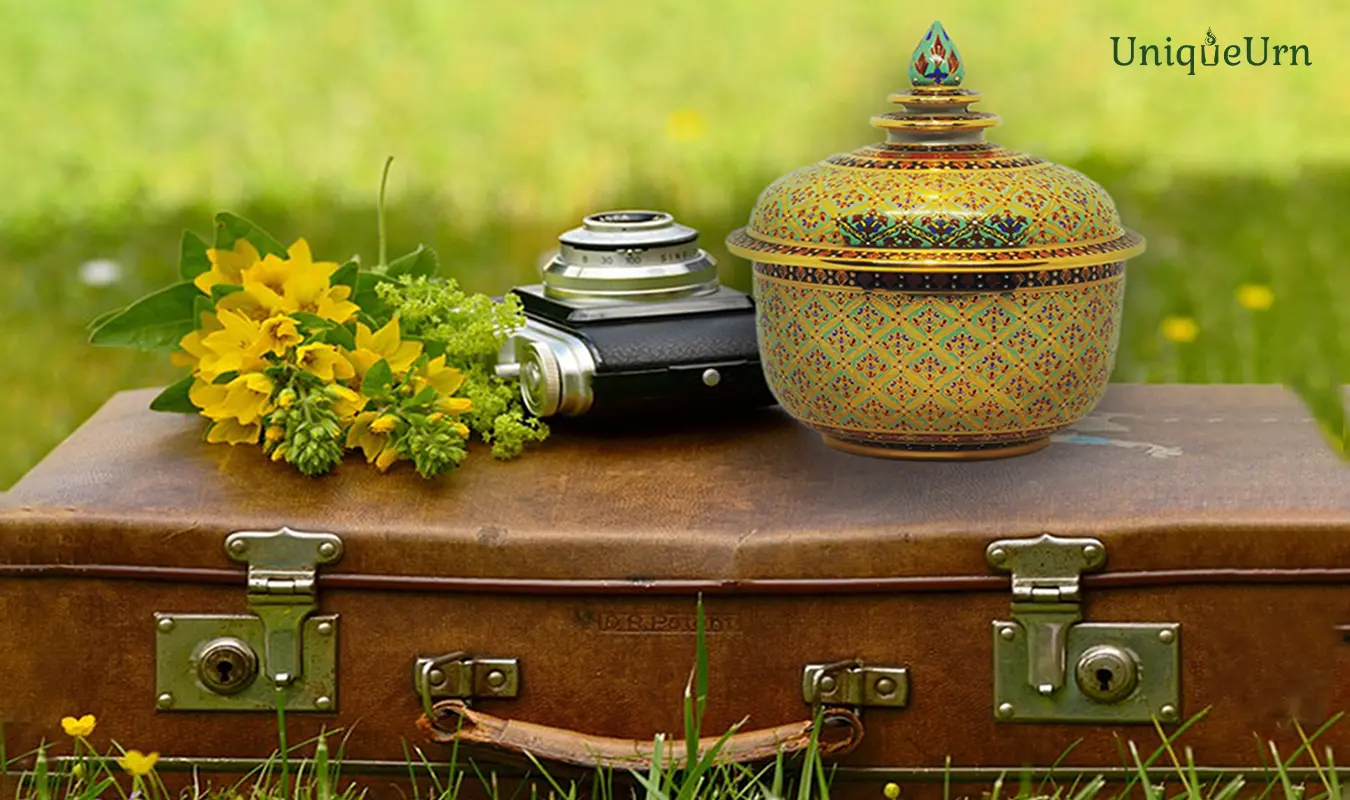 Pictures of the camera and hand-painted Bencharong art urn for ashes by UniqueUrn are placed on a suitcase in the front yard of the house.