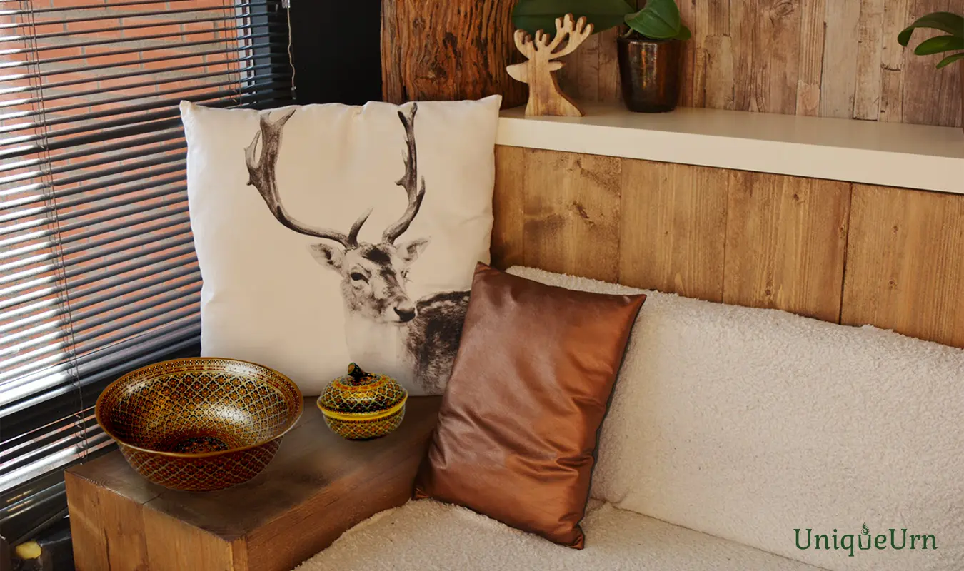 Picture of a cozy living room with a simple sofa and shelves decorated with a hand-painted Bencharong art keepsake urn and accessory basin from UniqueUrn, strikingly and beautifully arranged.