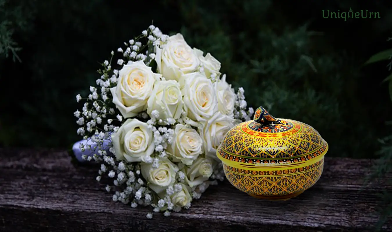 The wider vision of life: during life celebration, farewell, and remembrance, prayers honor the dearly loved one with a handcrafted Bencharong art keepsake urn for ashes by UniqueUrn.