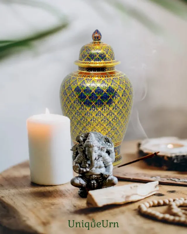 The wider vision of life: during life celebrations, votive candle, and remembrance, prayers honor the dearly loved one with a handmade Bencharong art ginger jar urn for ashes by UniqueUrn.
