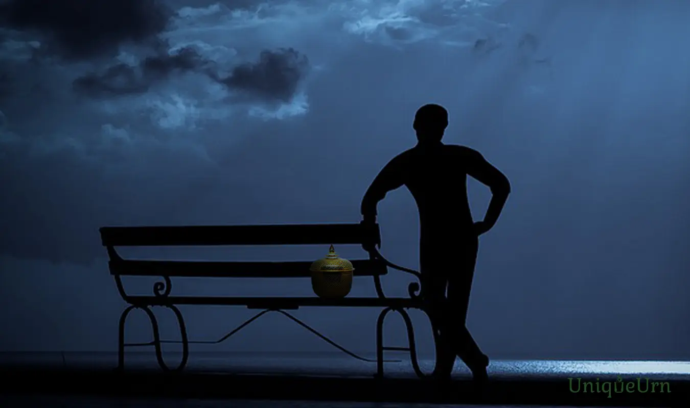 A foreign man in Thailand stands next to a hand-painted Bencharong art urn for ashes from UniqueUrn containing his wife's ashes, which is placed on a chair by the sea.