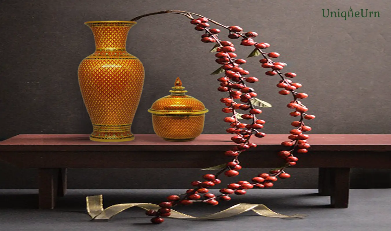 A master artisan's hand-painted geometry KaoLarmTad design on a Thai porcelain Bencharong Thochan urn for ashes and tall vase decorated with the red fruit branches