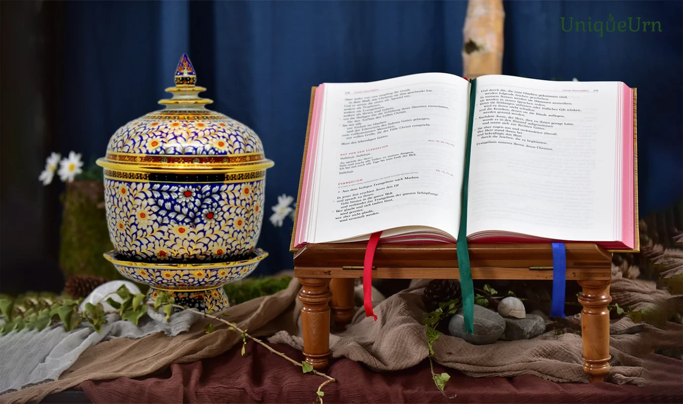 The wider vision of life: during life celebration ceremonies, farewells, and remembrance, prayers honor the dearly loved one with a hand-painted Bencharong art cremation urn from UniqueUrn.