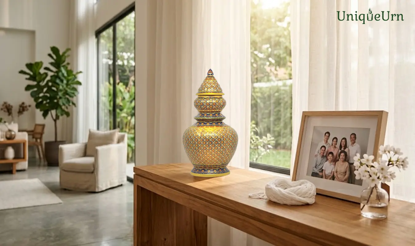 An elegant, hand-painted Bencharong porcelain urn for ashes, featuring authentic 18k gold linework. The cremation adult urn sits gracefully on a natural teak wood console table beside a framed family portrait and pure white cotton threads. Warm morning sunlight streams softly through sheer curtains, emphasizing a serene, grounding place of honor within a modern luxury home.