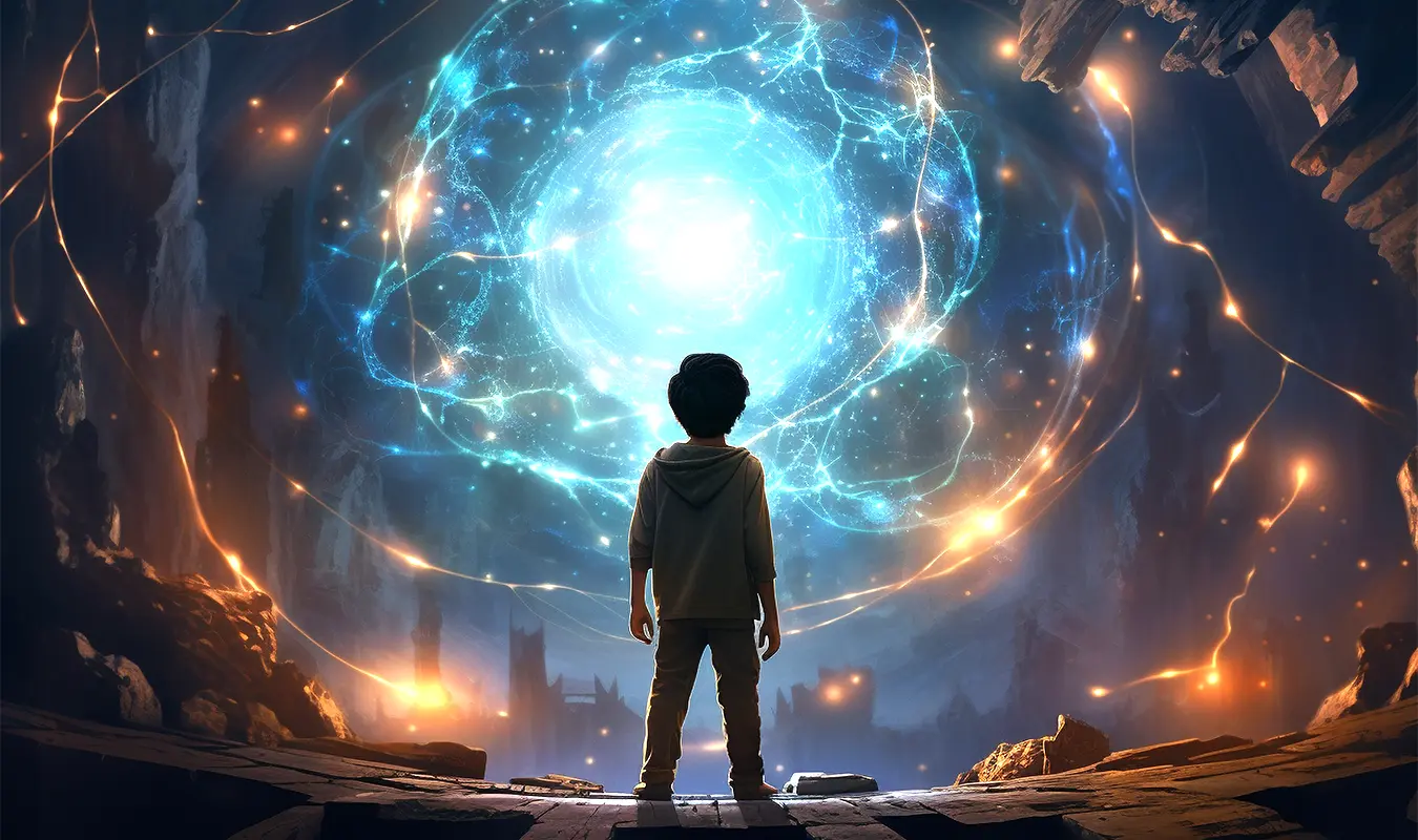 The boy is looking at the big world, so his feeling small is the beginning of peace and humility.
