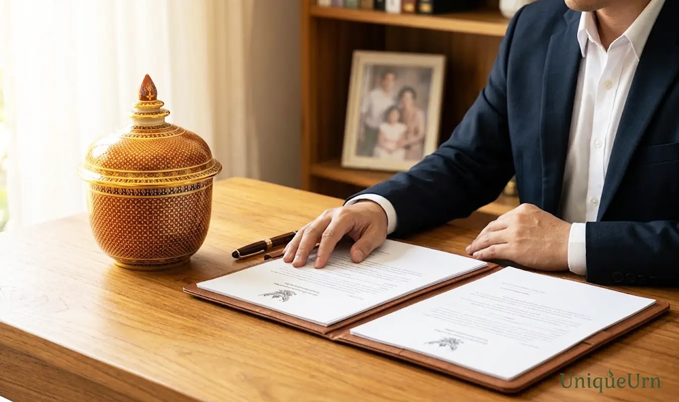 The picture shows a man preparing his loved one's passing papers, with a handcrafted Benjarong art urn for ashes by UniqueUrn lying next to him. On his desk is a frame of his family's photo placed on the bookcase behind him.